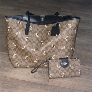 Coach Brown and Black Floral Tote and Wallet Set